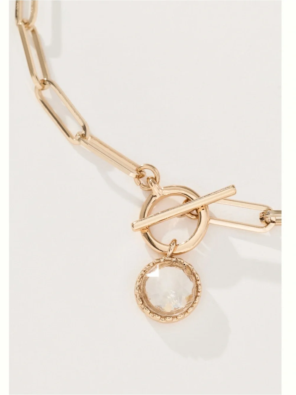 Anthropologie Gold Plated Pendant Necklace Clear Stone New 16” Link Chain